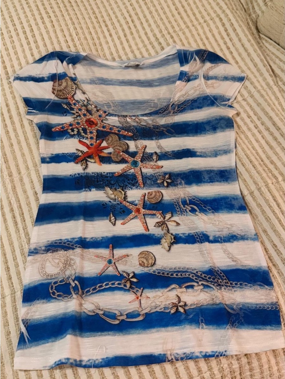Cache Blue & White Striped Starfish Embellished Short Sleeve Tee